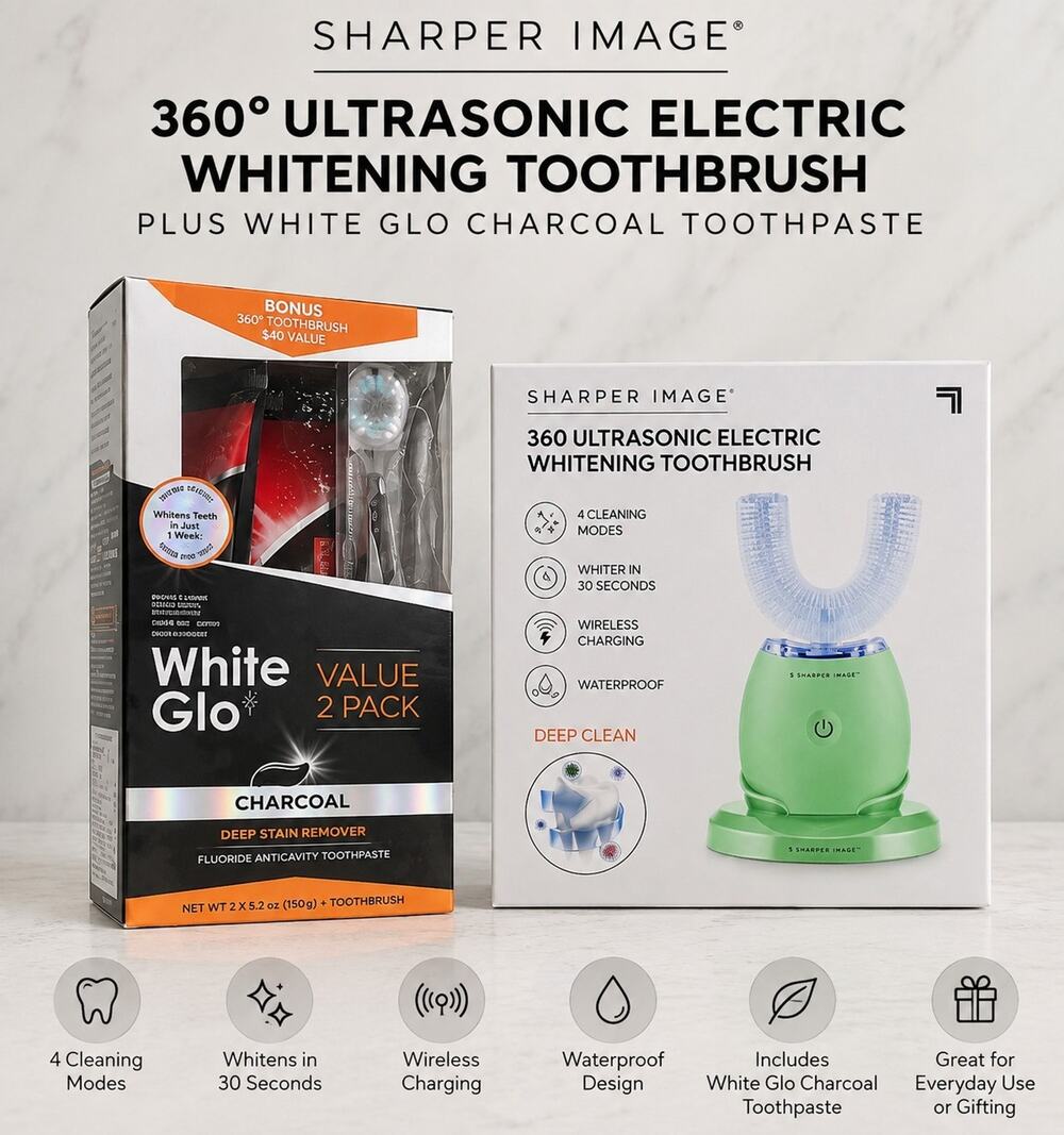 Sharper Image 360 Ultrasonic Whitening Toothbrush + White Glo Charcoal Whitening